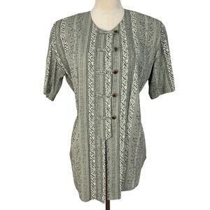 Vintage Pride & Joy Asian Style Button Down Top Geometric Print Blouse Petite 12